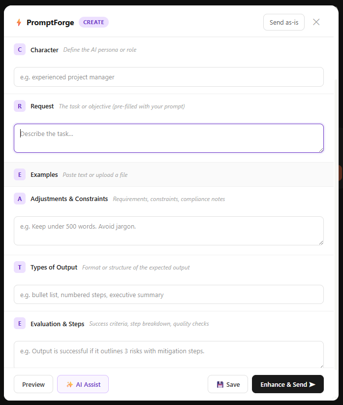 PromptForge CREATE framework modal — six fields: Character, Request, Examples, Adjustments, Types of Output, Evaluation