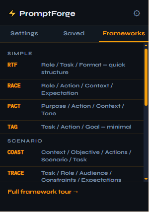 PromptForge frameworks tab — all 12 frameworks grouped by category