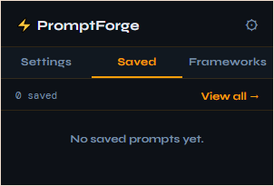 PromptForge saved prompts tab — recent enhanced prompts with copy buttons