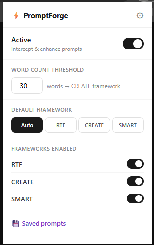PromptForge settings popup — toggle active state, word count threshold, default framework, and saved prompts