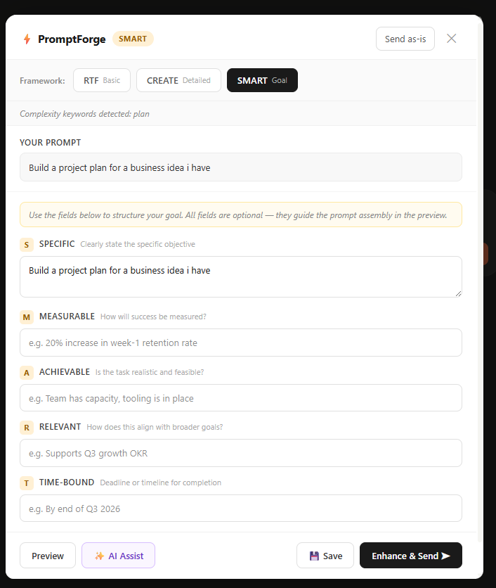 PromptForge SMART framework modal — Specific, Measurable, Achievable, Relevant, Time-bound fields